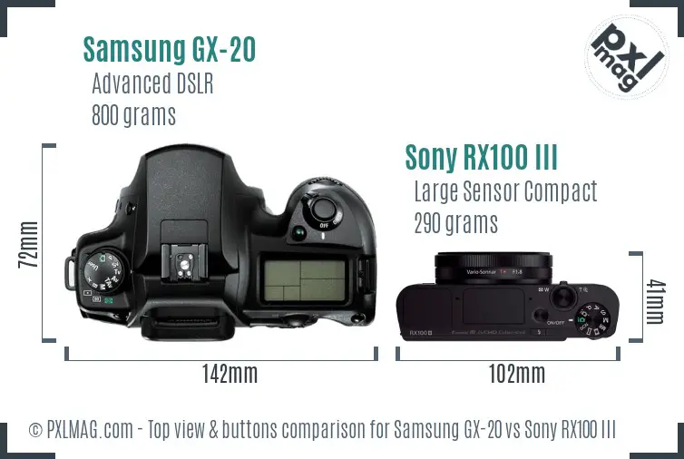 Samsung GX-20 vs Sony RX100 III top view buttons comparison