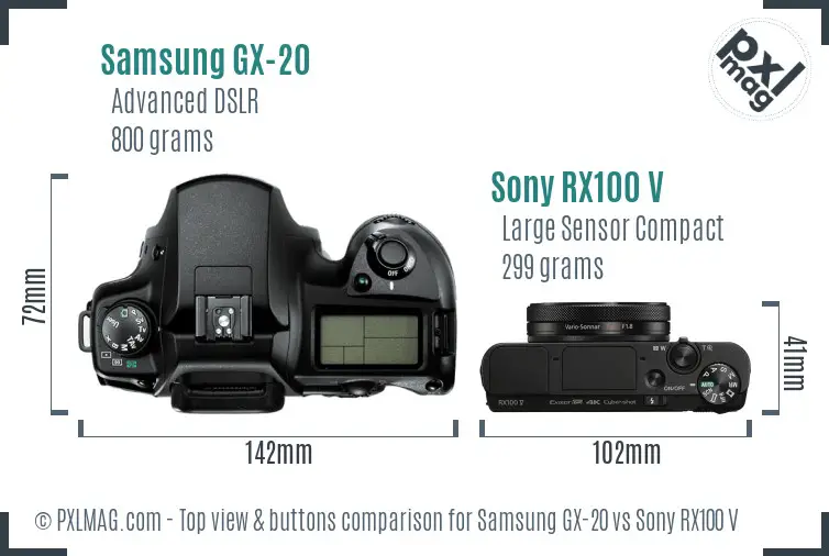 Samsung GX-20 vs Sony RX100 V top view buttons comparison