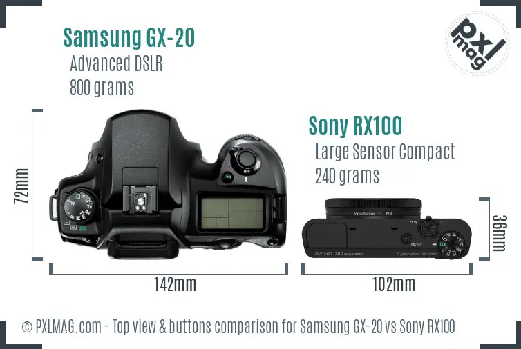Samsung GX-20 vs Sony RX100 top view buttons comparison