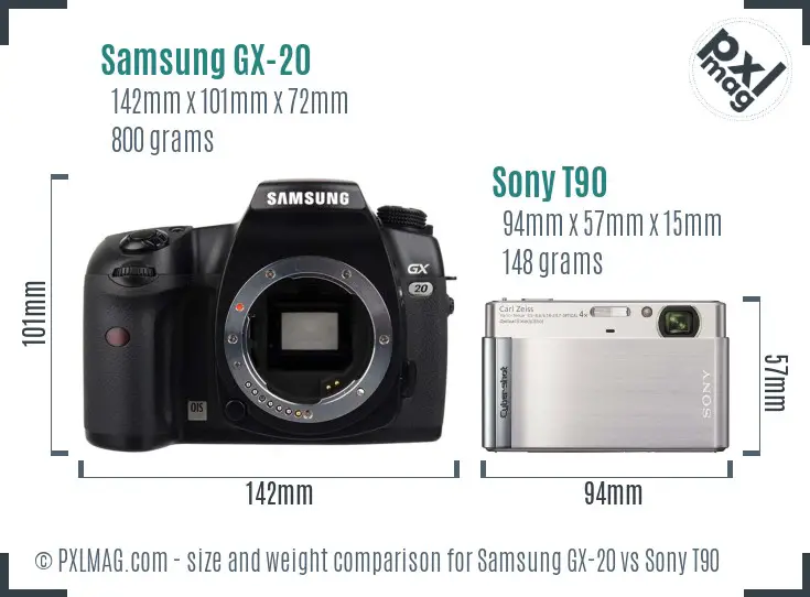 Samsung GX-20 vs Sony T90 size comparison
