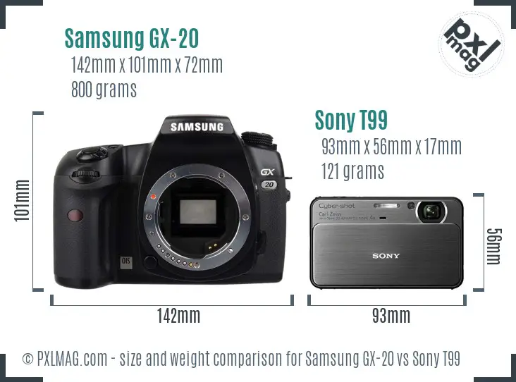 Samsung GX-20 vs Sony T99 size comparison