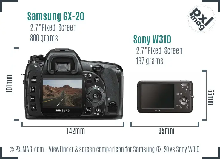 Samsung GX-20 vs Sony W310 Screen and Viewfinder comparison