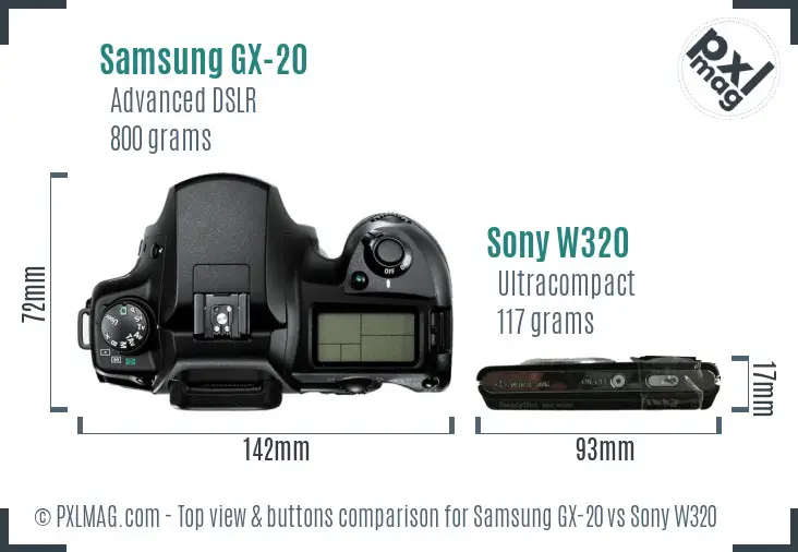 Samsung GX-20 vs Sony W320 top view buttons comparison