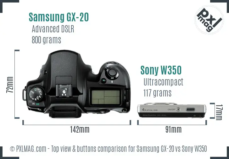 Samsung GX-20 vs Sony W350 top view buttons comparison
