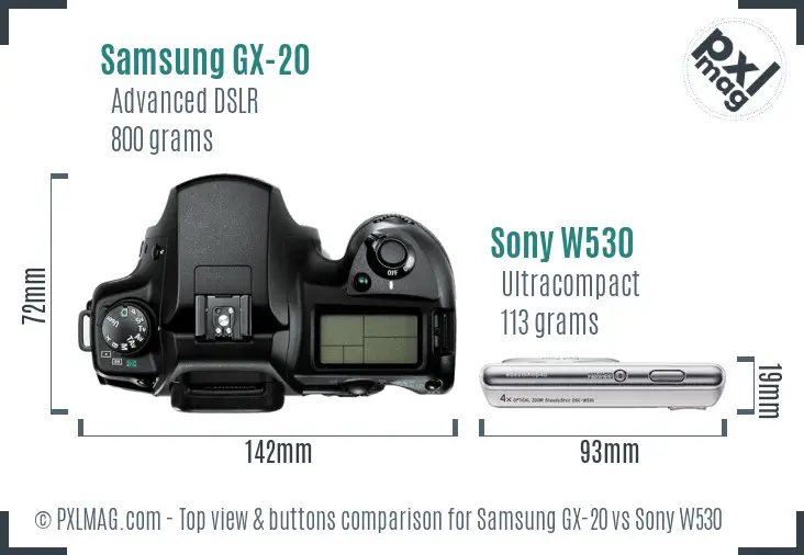 Samsung GX-20 vs Sony W530 top view buttons comparison
