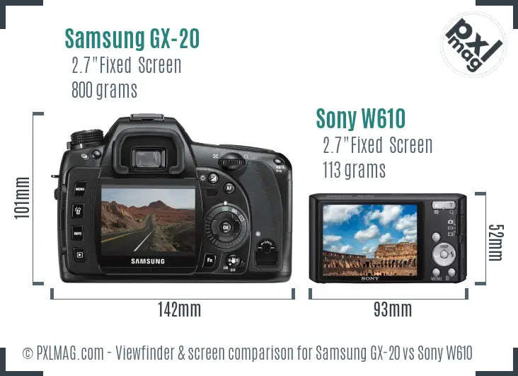 Samsung GX-20 vs Sony W610 Screen and Viewfinder comparison