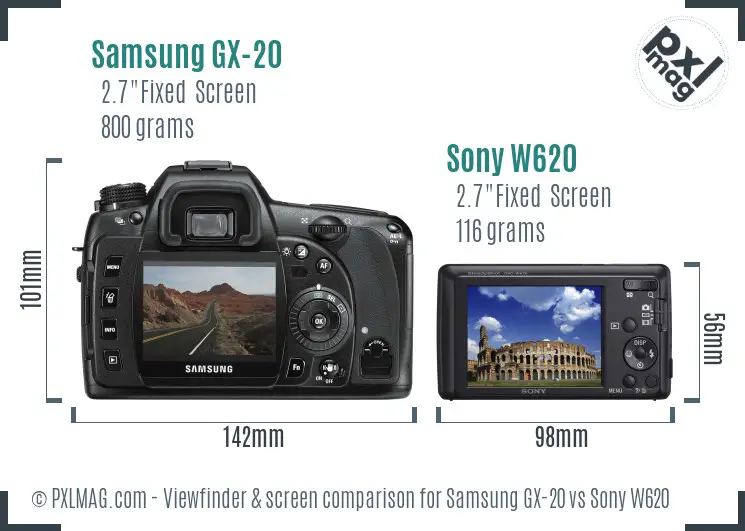 Samsung GX-20 vs Sony W620 Screen and Viewfinder comparison