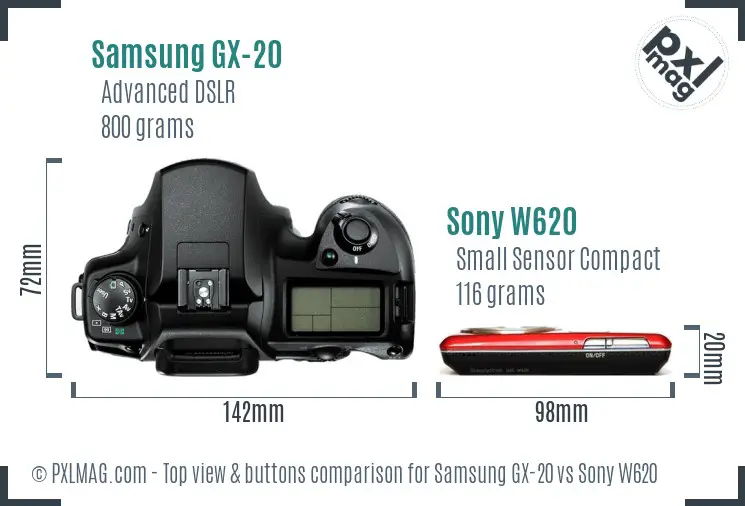 Samsung GX-20 vs Sony W620 top view buttons comparison