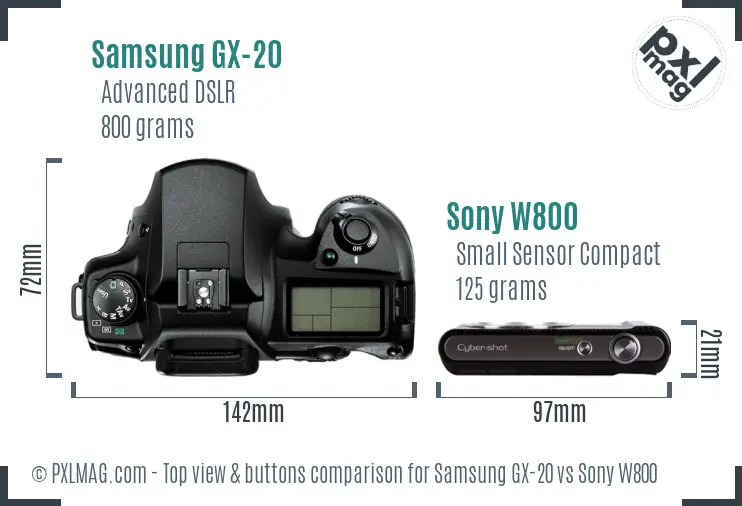 Samsung GX-20 vs Sony W800 top view buttons comparison