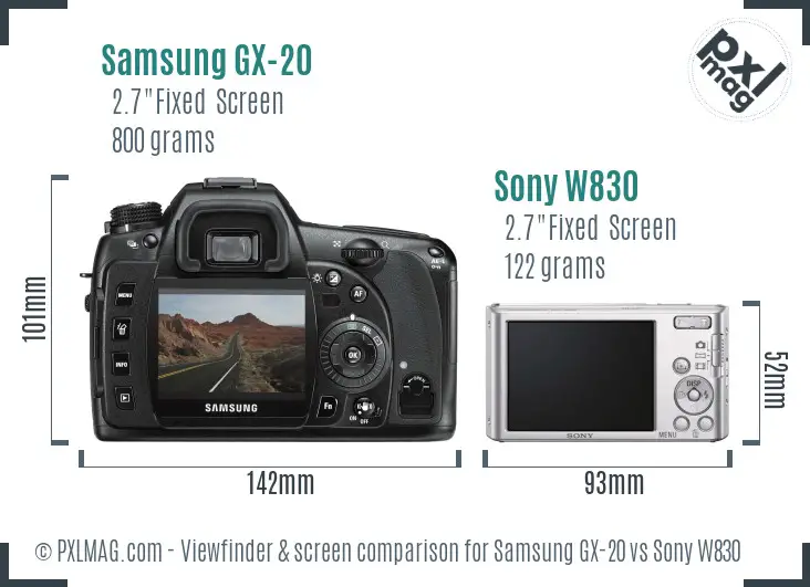 Samsung GX-20 vs Sony W830 Screen and Viewfinder comparison