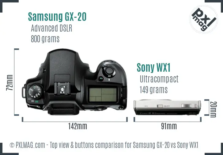 Samsung GX-20 vs Sony WX1 top view buttons comparison
