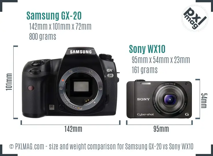 Samsung GX-20 vs Sony WX10 size comparison