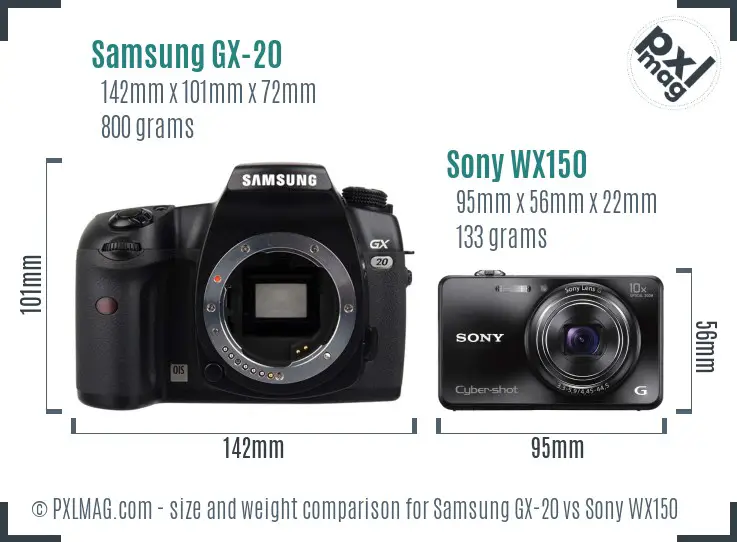 Samsung GX-20 vs Sony WX150 size comparison