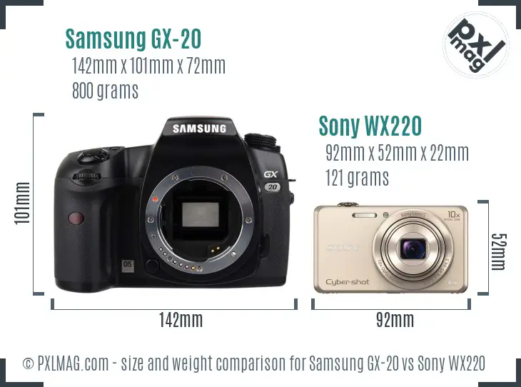 Samsung GX-20 vs Sony WX220 size comparison