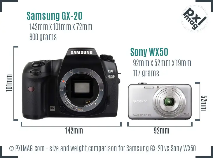Samsung GX-20 vs Sony WX50 size comparison