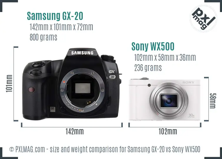 Samsung GX-20 vs Sony WX500 size comparison