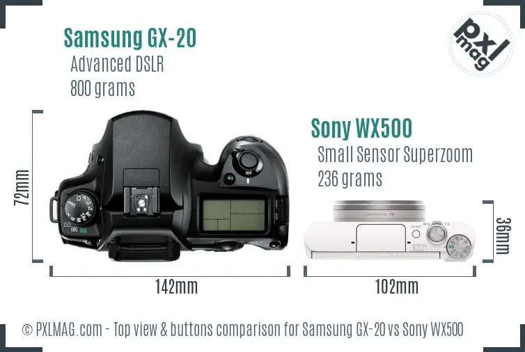 Samsung GX-20 vs Sony WX500 top view buttons comparison