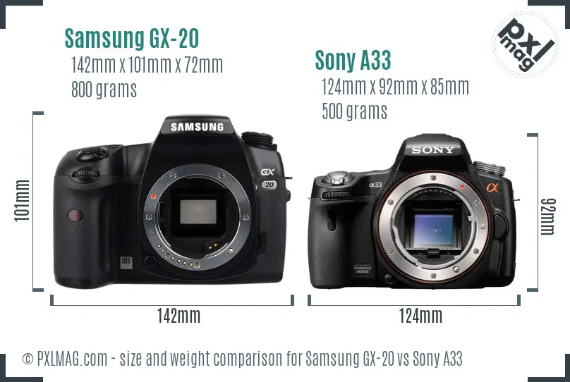 Samsung GX-20 vs Sony A33 size comparison