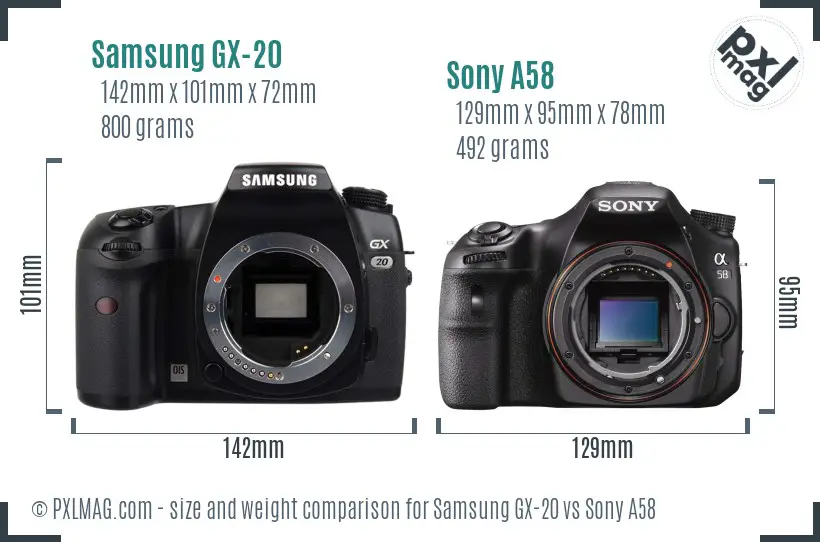 Samsung GX-20 vs Sony A58 size comparison