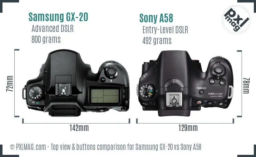 Samsung GX-20 vs Sony A58 top view buttons comparison