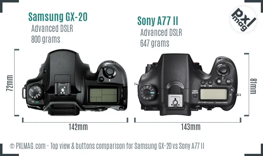 Samsung GX-20 vs Sony A77 II top view buttons comparison