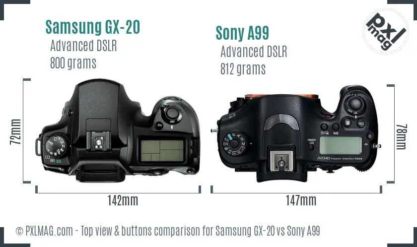 Samsung GX-20 vs Sony A99 top view buttons comparison