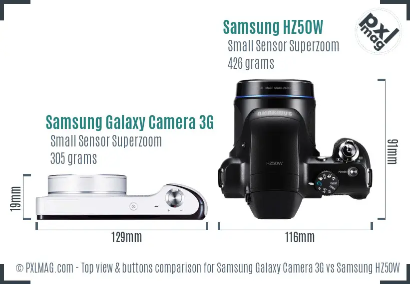Samsung Galaxy Camera 3G vs Samsung HZ50W top view buttons comparison
