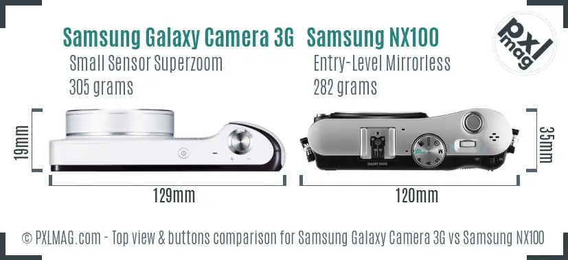 Samsung Galaxy Camera 3G vs Samsung NX100 top view buttons comparison