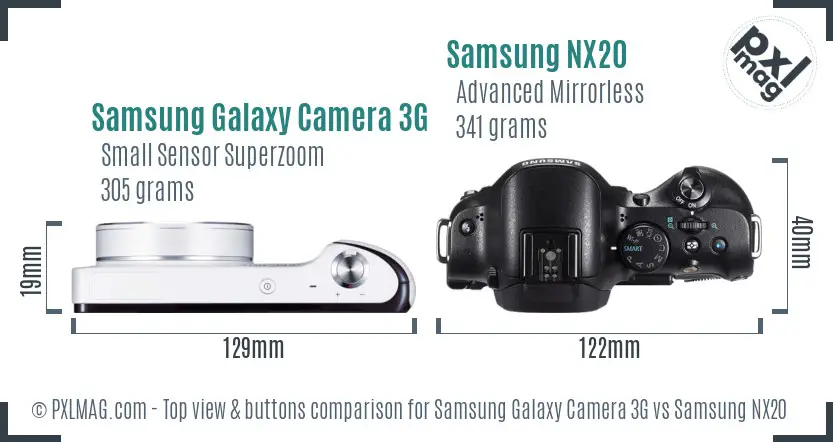 Samsung Galaxy Camera 3G vs Samsung NX20 top view buttons comparison