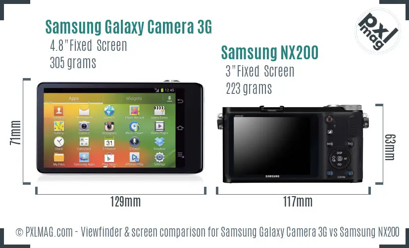 Samsung Galaxy Camera 3G vs Samsung NX200 Screen and Viewfinder comparison