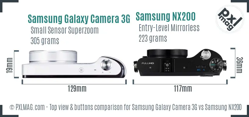 Samsung Galaxy Camera 3G vs Samsung NX200 top view buttons comparison