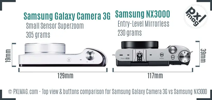 Samsung Galaxy Camera 3G vs Samsung NX3000 top view buttons comparison