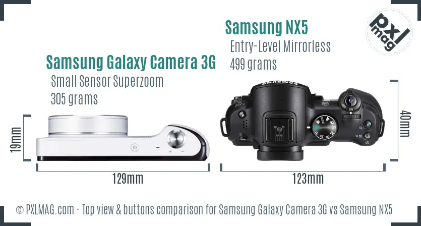 Samsung Galaxy Camera 3G vs Samsung NX5 top view buttons comparison