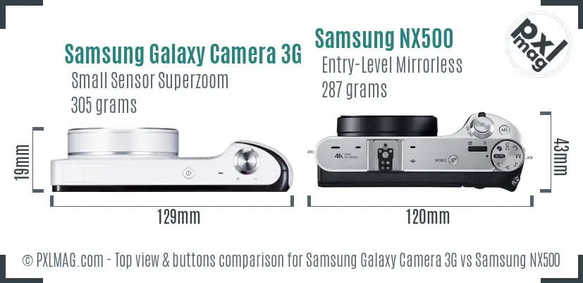 Samsung Galaxy Camera 3G vs Samsung NX500 top view buttons comparison