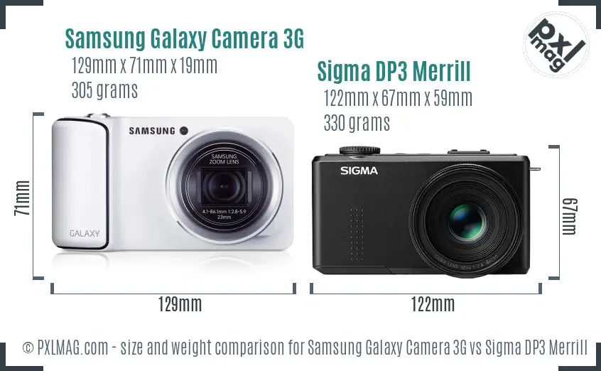 Samsung Galaxy Camera 3G vs Sigma DP3 Merrill size comparison