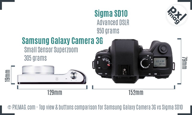 Samsung Galaxy Camera 3G vs Sigma SD10 top view buttons comparison