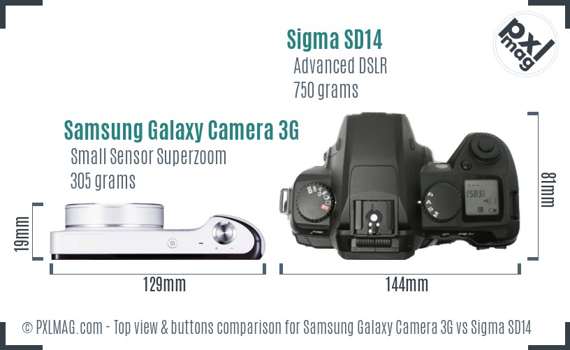 Samsung Galaxy Camera 3G vs Sigma SD14 top view buttons comparison