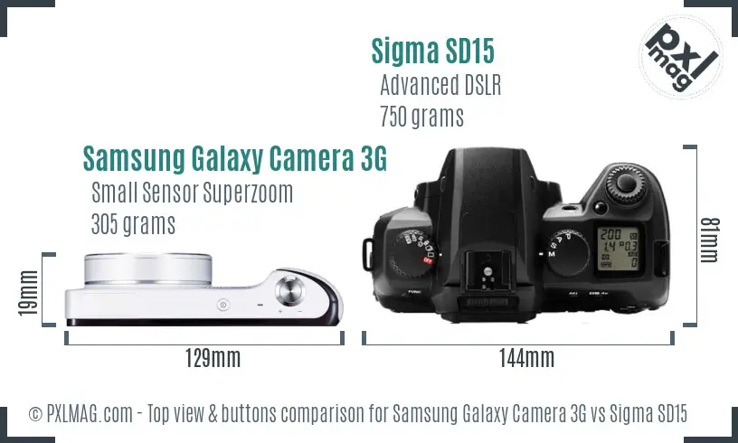 Samsung Galaxy Camera 3G vs Sigma SD15 top view buttons comparison