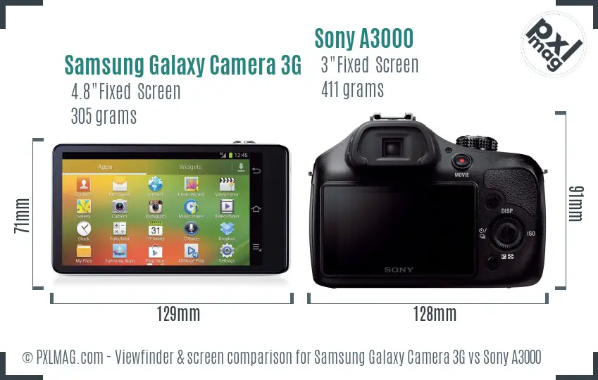 Samsung Galaxy Camera 3G vs Sony A3000 Screen and Viewfinder comparison