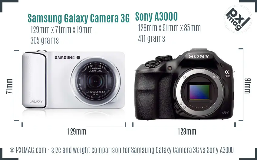 Samsung Galaxy Camera 3G vs Sony A3000 size comparison