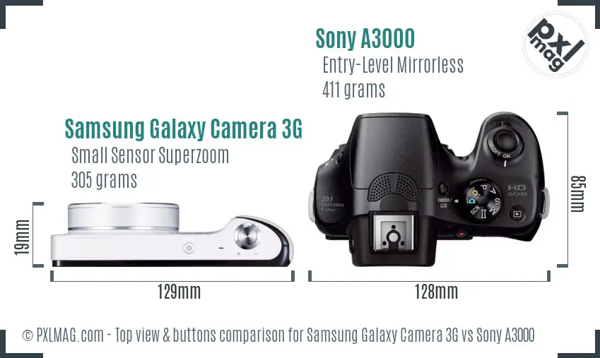 Samsung Galaxy Camera 3G vs Sony A3000 top view buttons comparison