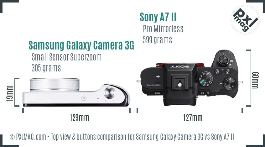 Samsung Galaxy Camera 3G vs Sony A7 II top view buttons comparison