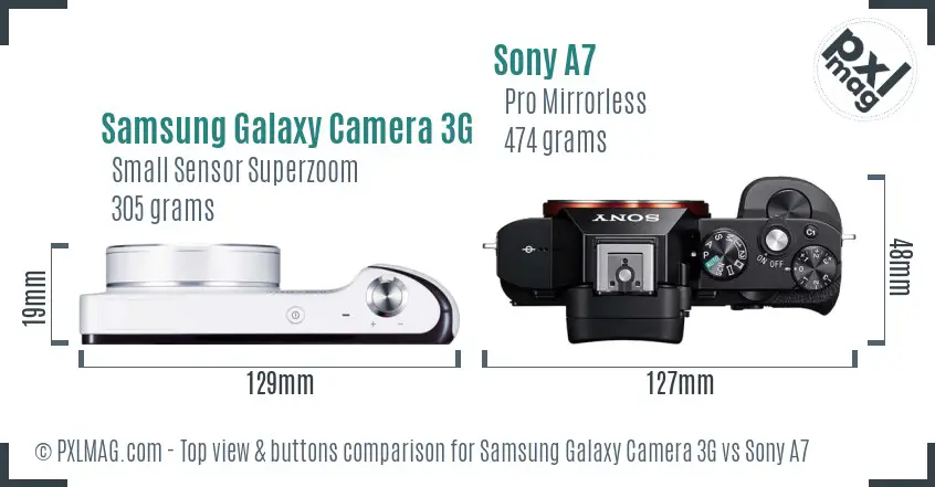 Samsung Galaxy Camera 3G vs Sony A7 top view buttons comparison