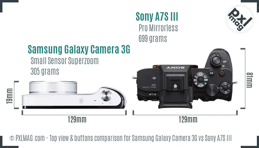 Samsung Galaxy Camera 3G vs Sony A7S III top view buttons comparison