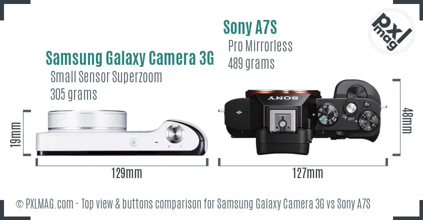 Samsung Galaxy Camera 3G vs Sony A7S top view buttons comparison