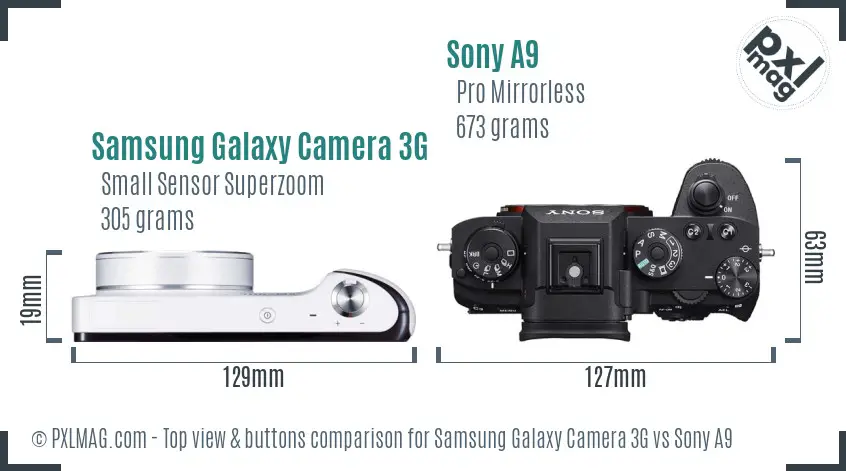 Samsung Galaxy Camera 3G vs Sony A9 top view buttons comparison