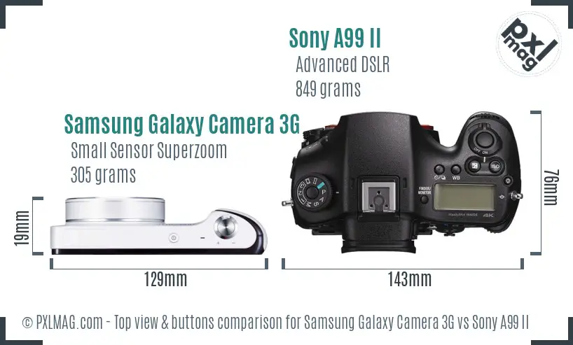 Samsung Galaxy Camera 3G vs Sony A99 II top view buttons comparison