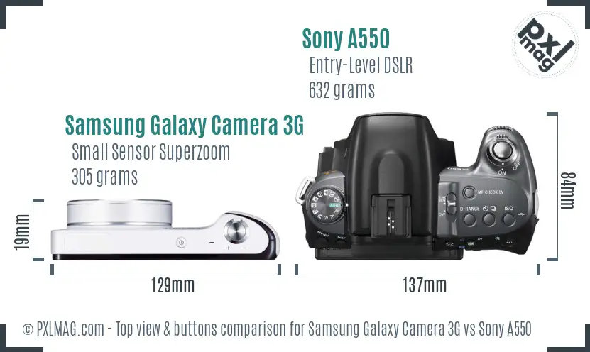 Samsung Galaxy Camera 3G vs Sony A550 top view buttons comparison