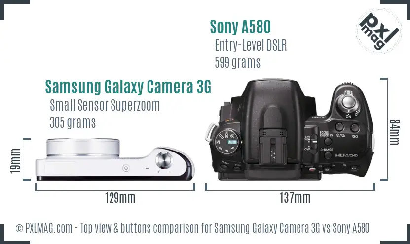 Samsung Galaxy Camera 3G vs Sony A580 top view buttons comparison