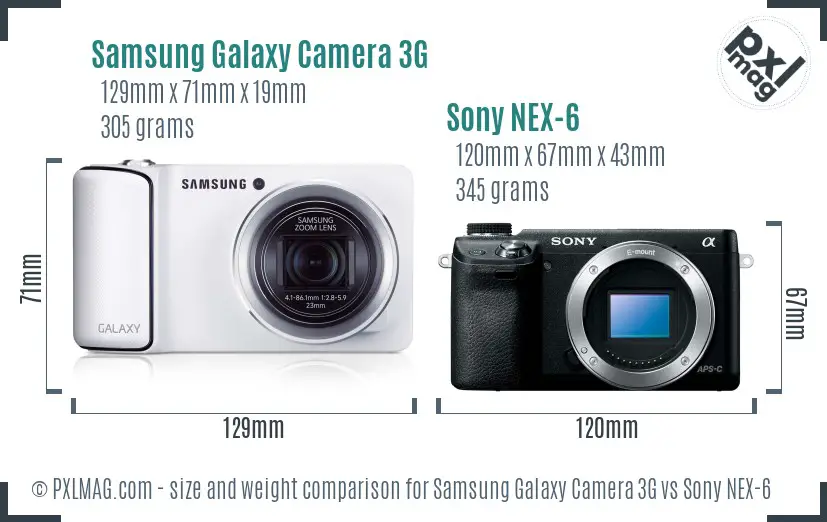 Samsung Galaxy Camera 3G vs Sony NEX-6 size comparison